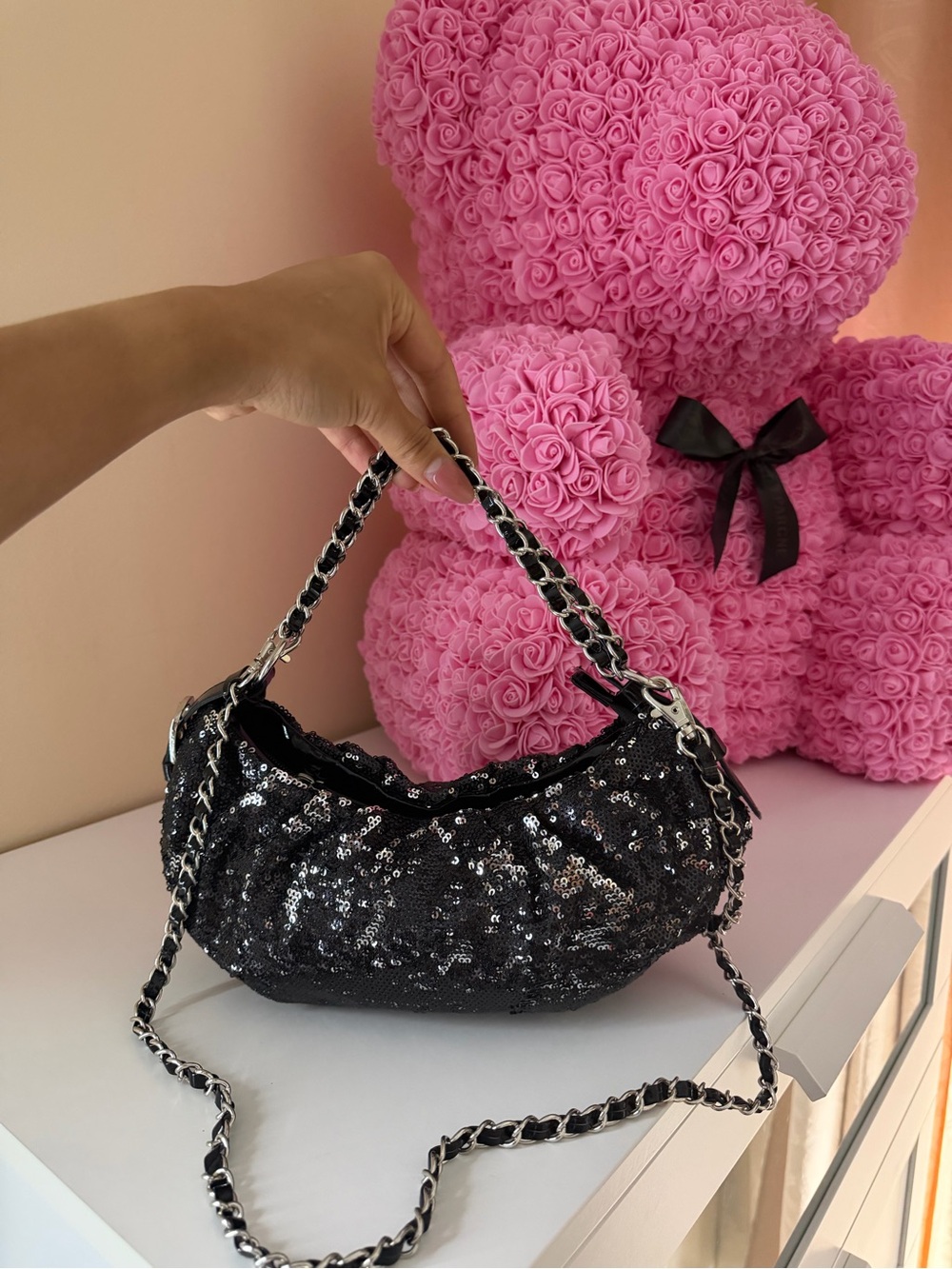 Black Sequin Chain-Handle Shoulder Bag